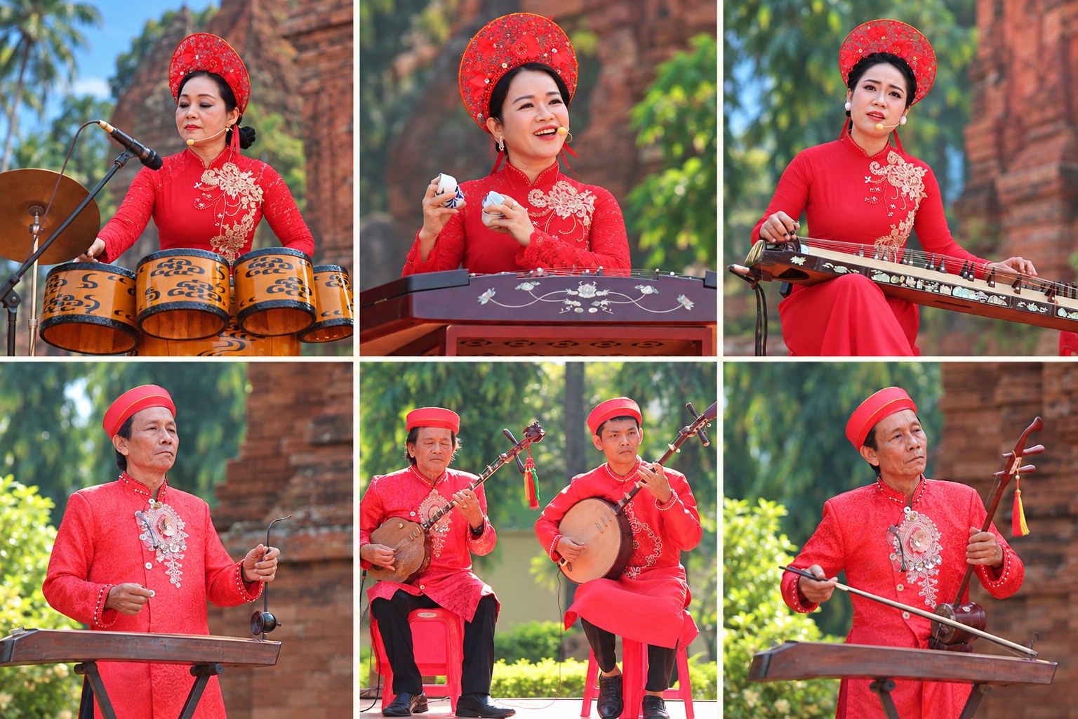nhac-1792837086 Các nghệ sĩ biểu diễn nhạc cụ dân tộc trong chương trình “Hành trình di sản” tại di tích Tháp Đôi.